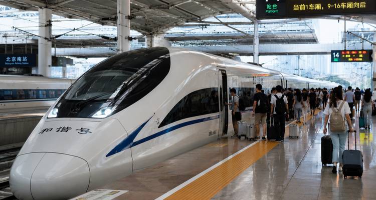 Train à grande vitesse épuré sur un quai de gare moderne avec des passagers montant à bord et des bagages à roulettes.