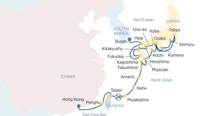 Cruise itinerary map around Japan, Taiwan, South Korea and Hong Kong