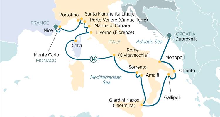 Carte d'itinéraire de croisière en Italie et en Adriatique présentant Rome, Dubrovnik, Amalfi et Otranto.