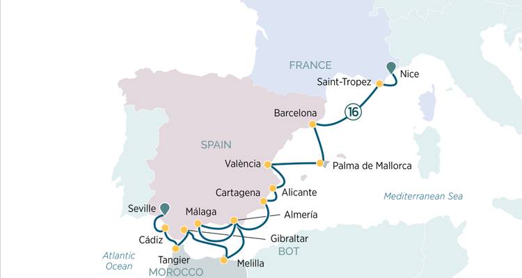 Carte d'itinéraire de croisière à travers l'Espagne, la France et le Maroc avec ports en évidence.