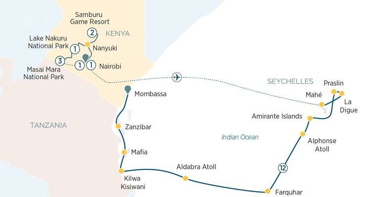 Illustrierte Reiserouten-Karte mit nummerierten Haltepunkten, die Kenia, Tansania und die Seychellen verbindet.