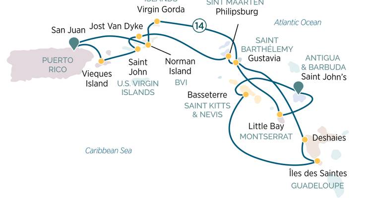 Mapa de ruta de crucero por Puerto Rico, las Islas Vírgenes estadounidenses e islas cercanas con flechas e indicadores de días.