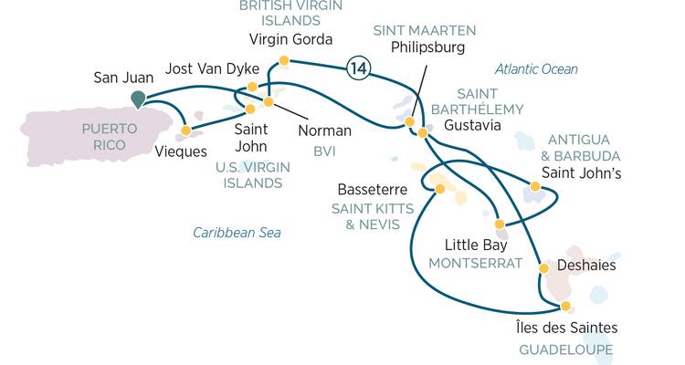 Caribbean sailing map covering Puerto Rico, the Virgin Islands and surrounding isles.
