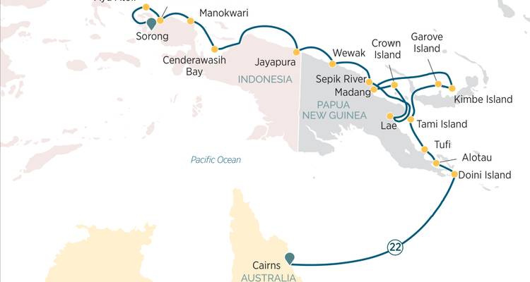 Carte d'itinéraire illustrée montrant un itinéraire de croisière à travers l'Indonésie orientale, la Papouasie-Nouvelle-Guinée et le nord de l'Australie
