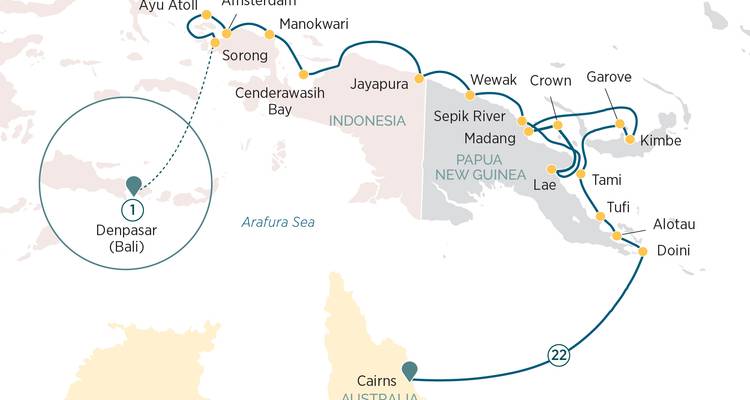 Carte de voyage montrant l'itinéraire de Denpasar à Cairns via la Papouasie-Nouvelle-Guinée et l'Indonésie.