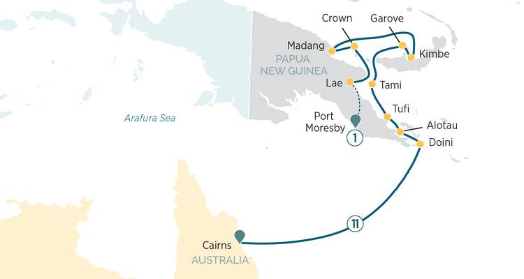 Duplicate style map showing Cairns to Papua New Guinea voyage with highlighted stops.