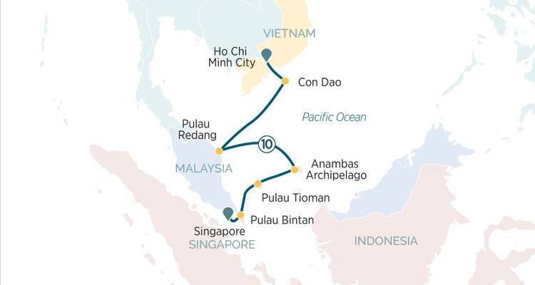 Mapa de la ruta de crucero que cubre Singapur, Malasia y Vietnam con paradas en islas marcadas.
