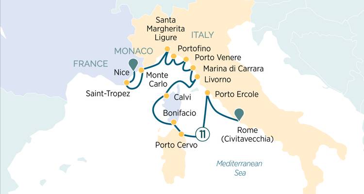 Carte d'itinéraire de croisière couvrant les ports en Italie, en France et à Monaco le long des mers Ligure et Tyrrhénienne.