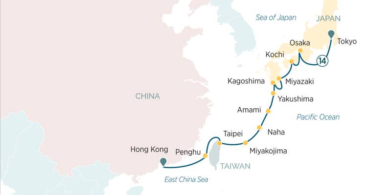 Fourteen-day cruise map from Tokyo to Hong Kong visiting Osaka, Kagoshima and Taipei.