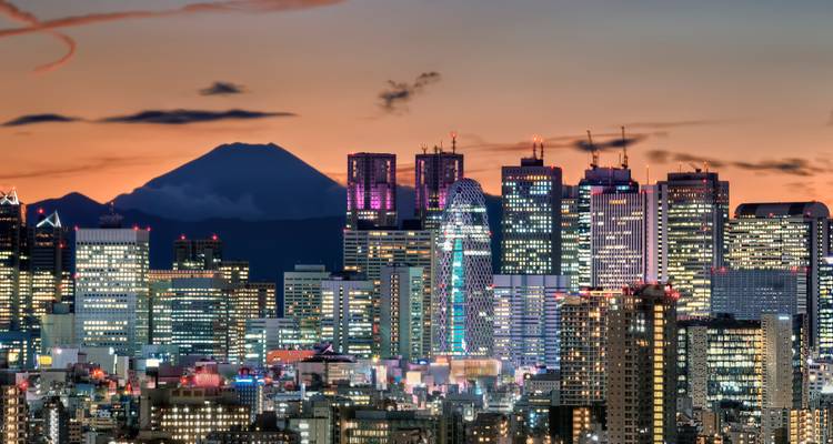 Tokyo skyline at dusk with Mt Fuji silhouette behind illuminated skyscrapers and a lit Ferris wheel.