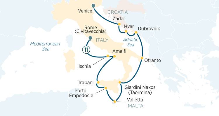 Mapa del itinerario de crucero por Italia y Croacia con puertos como Venecia, Roma y Dubrovnik.