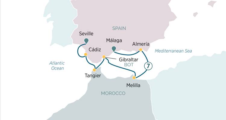 Carte régionale présentant un itinéraire à travers le sud de l'Espagne, Gibraltar et Tanger.