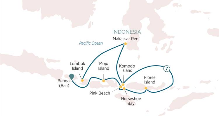 Mapa de ruta de crucero en Indonesia destacando las islas de Bali, Lombok, Komodo y Flores.