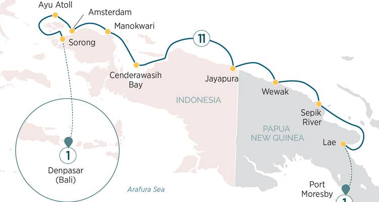 Eine weitere Reiseroute von Sorong nach Papua-Neuguinea und weiter nach Port Moresby.