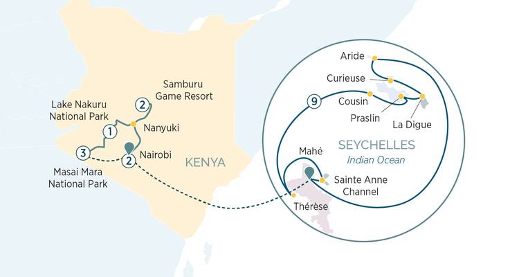 Map outlining an itinerary linking Kenya wildlife parks with the islands of the Seychelles.