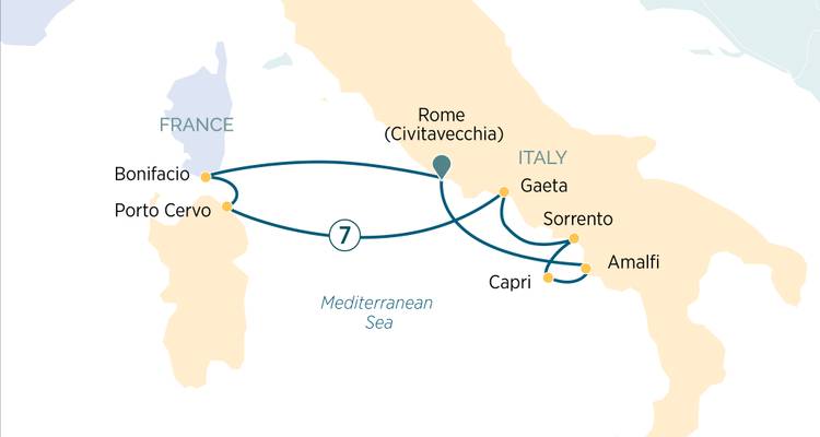 Carte d'itinéraire de Rome à Capri, Bonifacio et Porto Cervo marquée d'un trajet de croisière de sept jours.