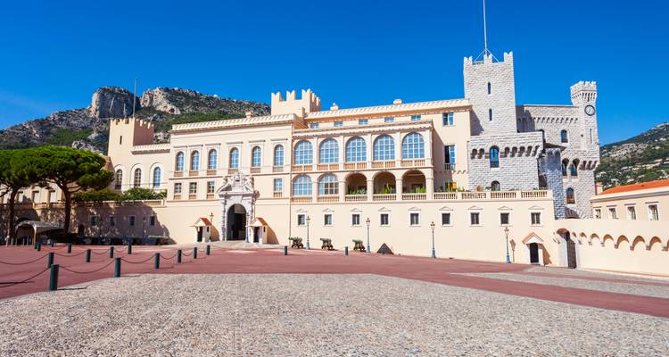 Le Palais Princier de Monaco avec sa façade pastel surplombe une vaste place sous un ciel bleu dégagé.