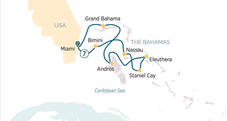 Bahamas cruise map showing island hops from Miami to Bimini, Nassau and Eleuthera.