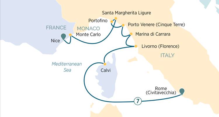 Carte d'itinéraire de yacht reliant Nice, Monaco et les ports de la Riviera italienne jusqu'à Rome.