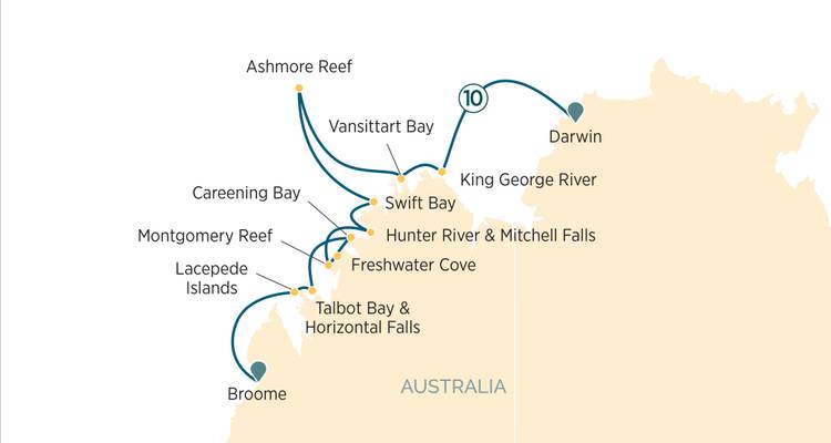 Kimberley region cruise itinerary map along Australia’s north-west coast