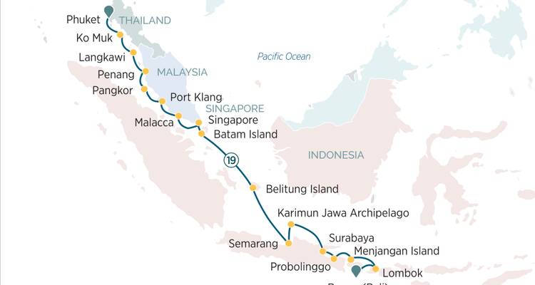 Carte de croisière de Phuket et Langkawi en passant par Singapour et Java jusqu'à Lombok.