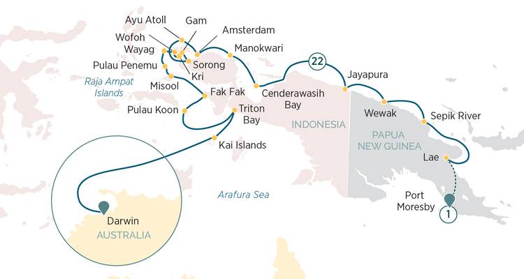 Route map showing cruise itinerary from Darwin to Papua New Guinea and Indonesia.