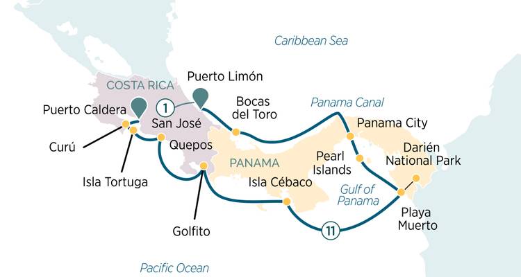 Mapa de crucero que recorre las costas del Pacífico y el Caribe de Costa Rica y las Islas de las Perlas de Panamá.