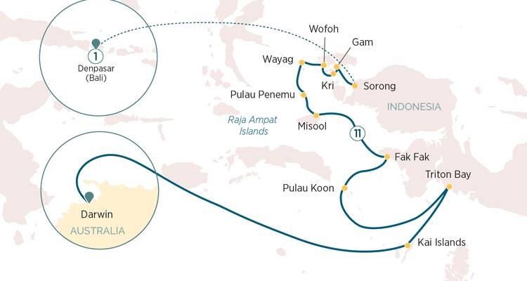 Duplizierte Reiseroute-Karte mit Details zur Kreuzfahrtroute durch Raja Ampat und die Triton-Bucht.