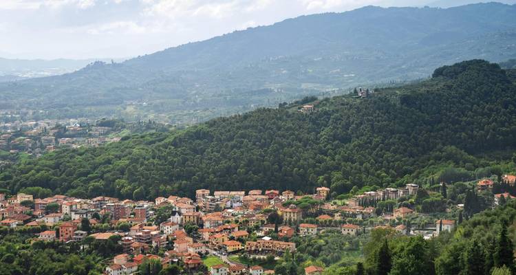 Panorama de versant avec villages et forêt dense similaire au point de vue de Montecatini Alto.