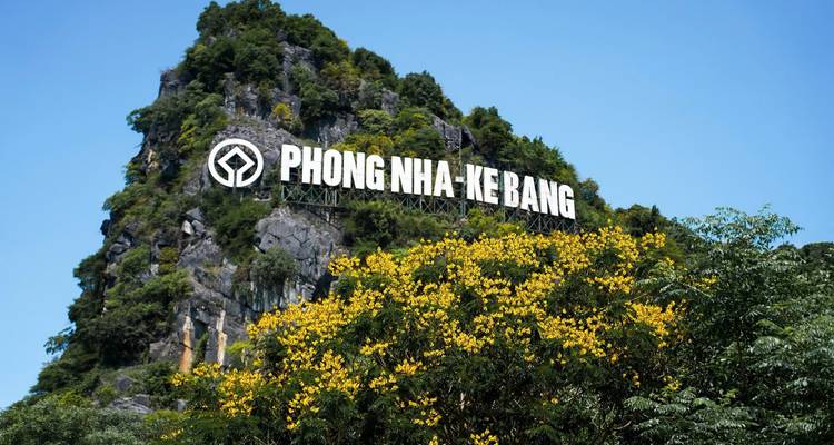 Kalksteenkaarst met daarop een groot PHONG NHA-KE BANG bord, omlijst door bloeiende gele bomen tegen een blauwe lucht.
