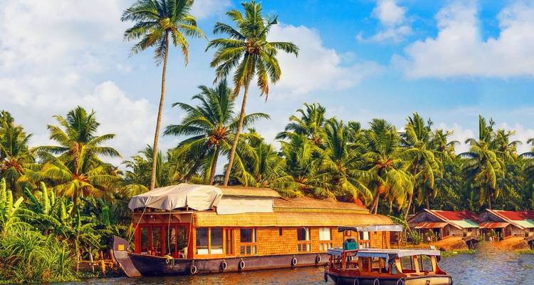 Traditional Kerala houseboat cruising through lush backwaters lined with palms