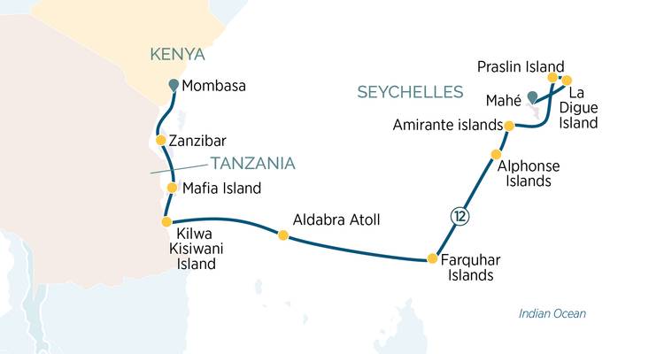 Carte d'itinéraire de croisière montrant les côtes d'Afrique de l'Est et les escales aux îles des Seychelles.