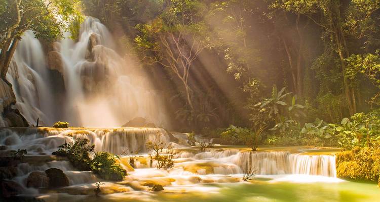 Les rayons de soleil illuminent les bassins turquoise en cascade des chutes d'eau de Kuang Si entourés d'une jungle luxuriante.