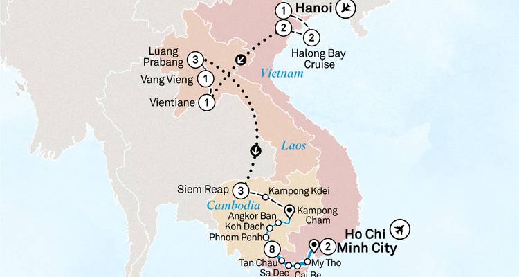Carte d'itinéraire montrant l'itinéraire multi-pays à travers le Vietnam, le Laos et le Cambodge avec des icônes.