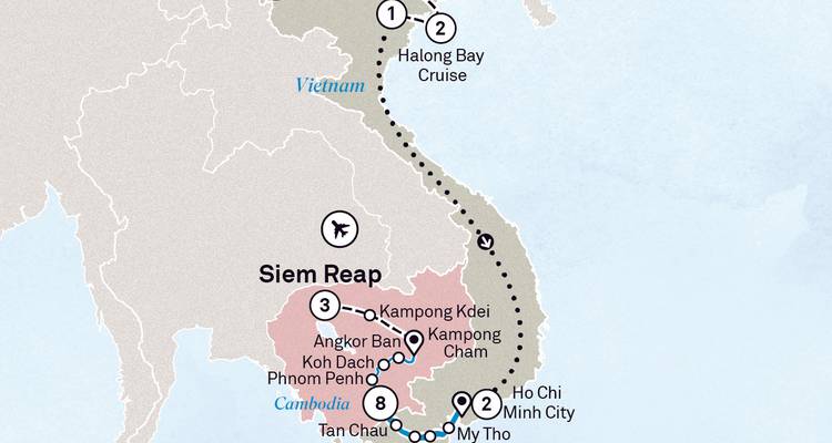Carte d'itinéraire stylisée montrant un parcours du Viêtnam au Cambodge avec les principales étapes marquées le long du Mékong.