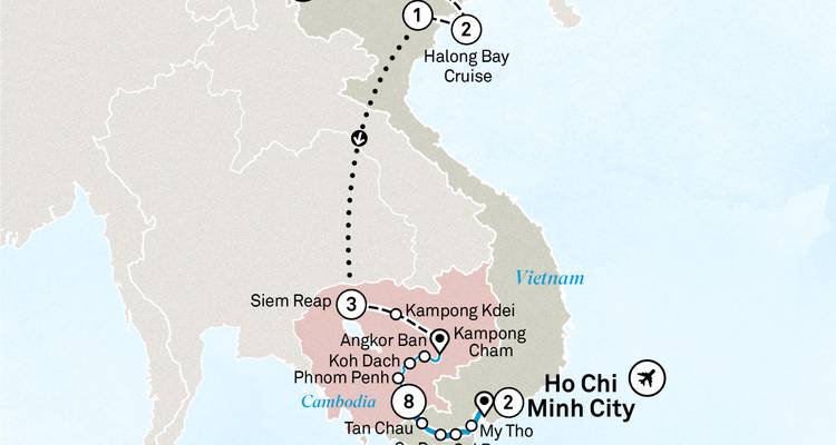Mapa del itinerario de Vietnam que conecta Ciudad Ho Chi Minh, la Bahía de Halong y el circuito interior de Camboya.