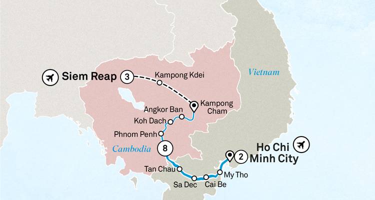 Carte d'itinéraire circulaire entre Siem Reap et Ho Chi Minh-Ville avec arrêts sur les fleuves cambodgiens.