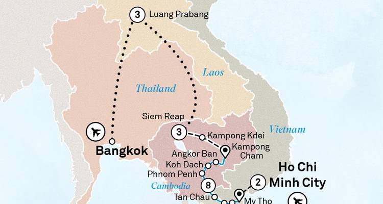 Mapa que destaca el viaje por tierra y río a través de Tailandia, Laos, Camboya y Vietnam