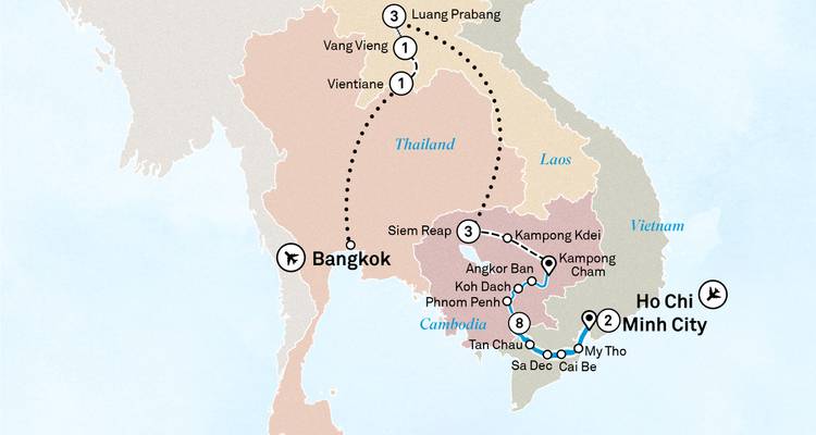 Carte reliant Bangkok à Ho Chi Minh-Ville via le Laos et les villes fluviales cambodgiennes.