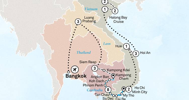 Carte d'itinéraire étendue Thaïlande-Laos-Vietnam mettant l'accent sur la croisière de la baie d'Halong et les arrêts du Mékong.