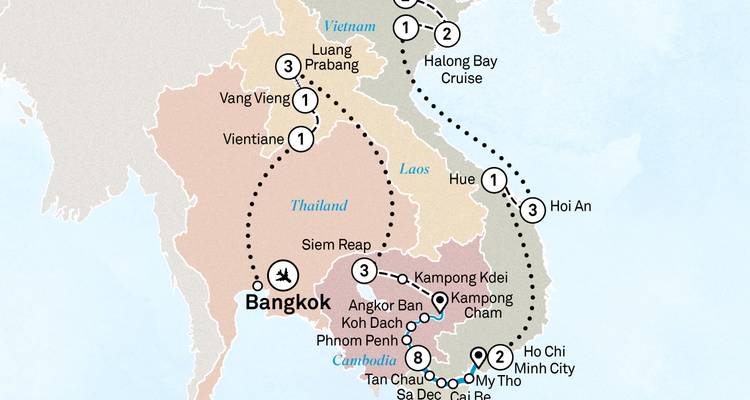 Carte régionale de voyage montrant le Laos, la côte vietnamienne et les segments de croisière de la baie d'Halong.