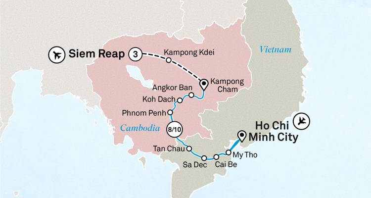 Carte présentant une croisière Siem Reap - Hô Chi Minh-Ville avec indicateur de durée 8/10 jours.