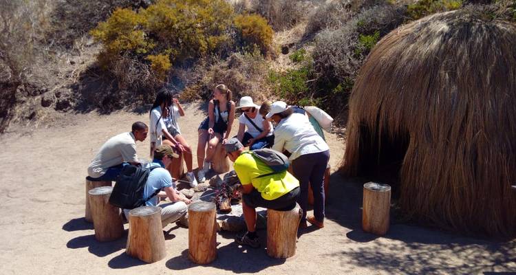Tour group seated on wooden stumps around a small fire outside a traditional reed hut in a dry landscape.