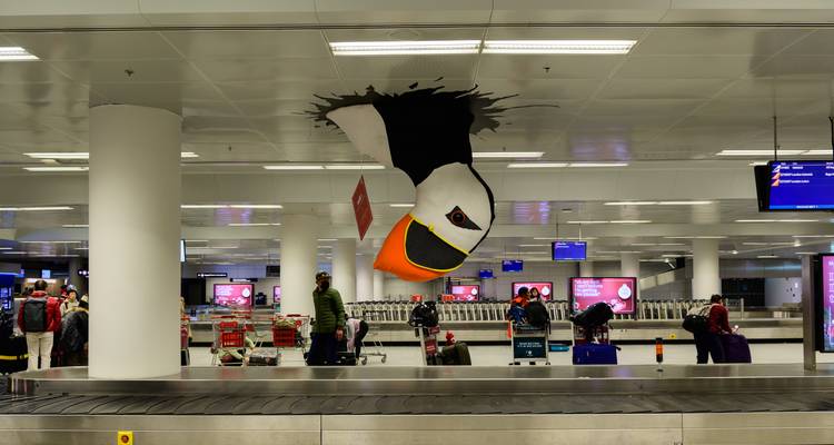 Gepäckausgabehalle am Flughafen Keflavik mit einem großen Papageientaucher-Kunstwerk, das durch die Decke bricht.