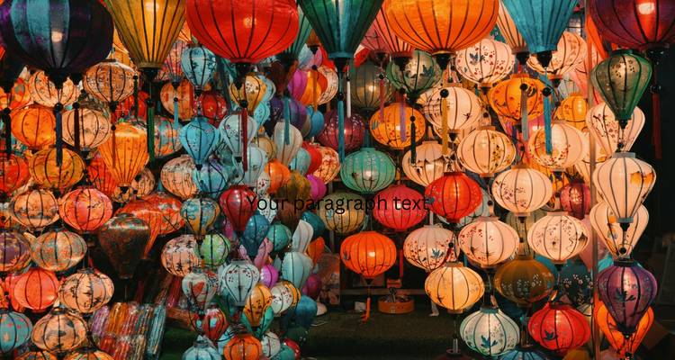 Display of colourful lanterns with overlay text in the centre.