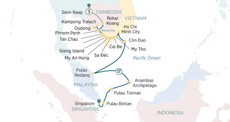 Mapa ilustrado que muestra la ruta de crucero a través de Camboya, Vietnam, Malasia y Singapur