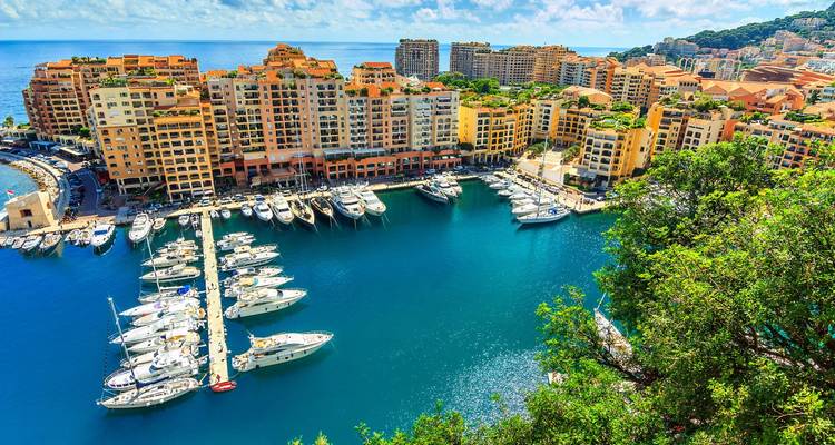 Vue aérienne de la marina de Monaco remplie de yachts, entourée de gratte-ciel aux toits en terre cuite et d'eau azur.
