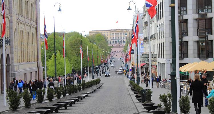 La calle Karl Johans gate bordeada de banderas que lleva hacia el Palacio Real en Oslo llena de peatones.