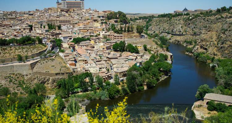 Ciudad medieval en la cima de una colina en Toledo rodeada por la garganta del río Tajo, vista desde un primer plano con flores silvestres.