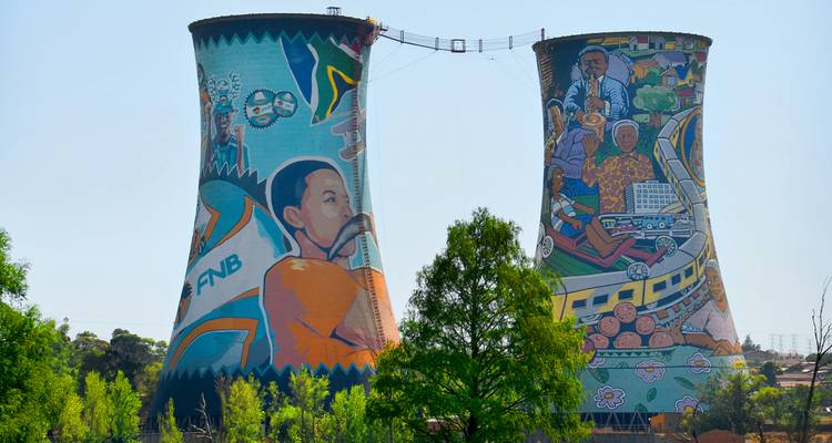 Torres de enfriamiento de Orlando cubiertas de murales coloridos en Soweto con vegetación en primer plano.